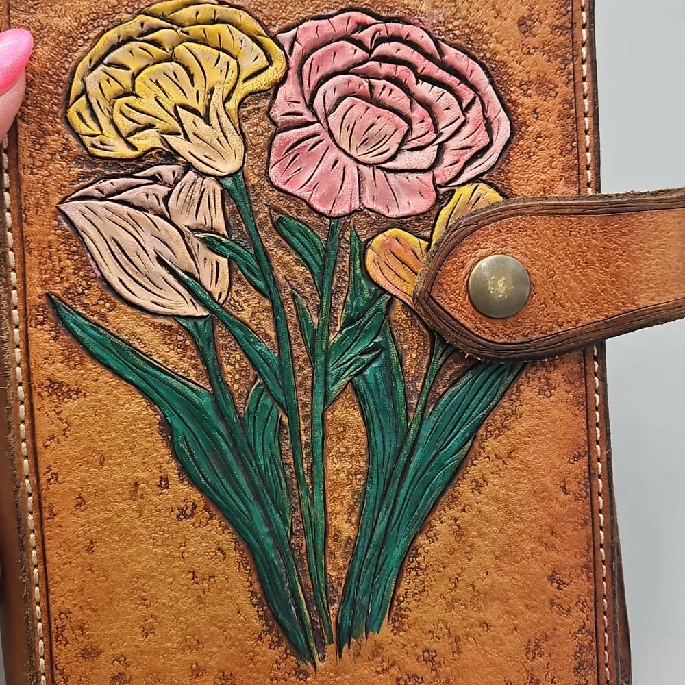 Hand Tooled & Painted Journel Cover Heavy Duty Leather Roses Flowers